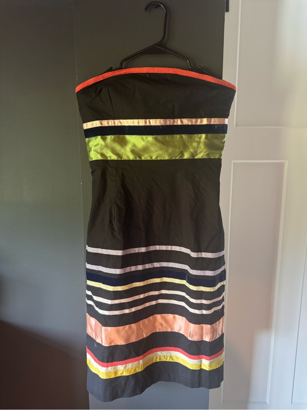 Anthropologie Black Strapless Dress with Neon Coral, Lime & Navy Bands